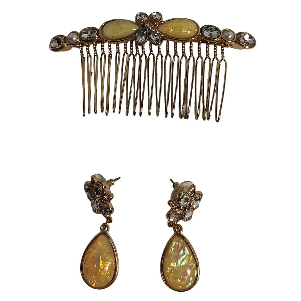 Avon Hair Comb Matching Earrings Faux Opal Rhinestone Set 2014 Granny‎ Core